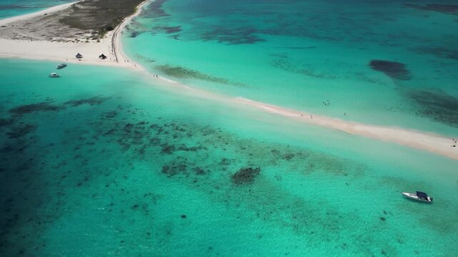 Aerial drone approach to sandbar and turquoise sea in Los Roques