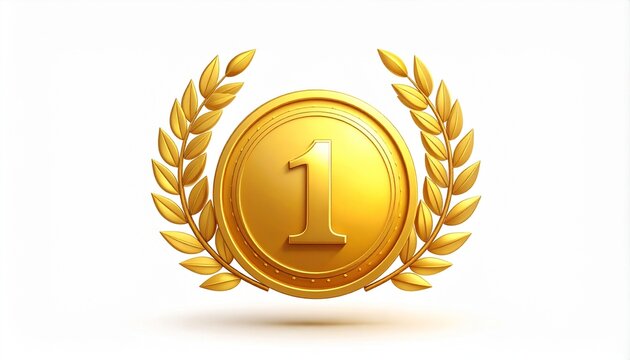 Golden Winner Medal 3D Icon with Laurel Wreath on White Background
