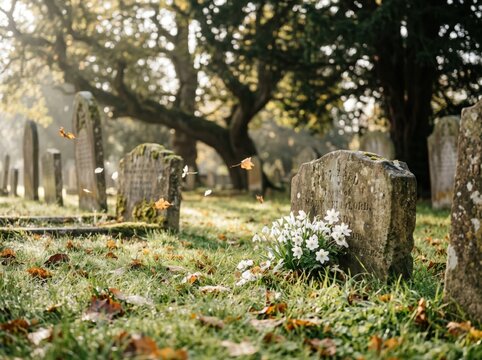 Cemetery headstone with white flowers. Ancient graveyard with mossy tombstones in autumn.