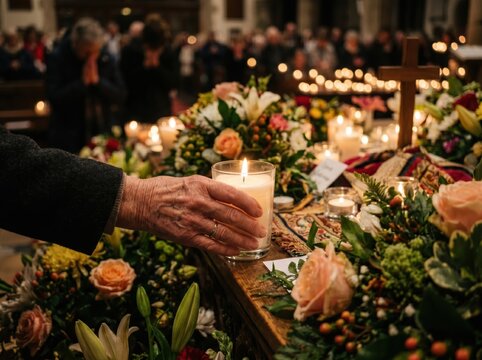 Funeral candle held by elderly hand. Memorial service with flowers and religious cross.