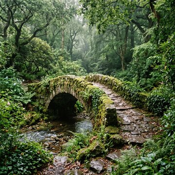 Ancient stone bridge covered in green moss, historic arched footbridge over a forest stream, mystical woodland landscape