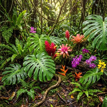 Lush tropical rainforest floor with monstera leaves, vibrant exotic flowers and wild jungle vegetation, botanical nature background