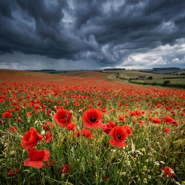 Dramatic poppy field under dark storm clouds, vibrant red poppies in rural landscape, moody summer weather over wildflower meadow