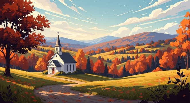 Picturesque Autumn Landscape with a White Church in a Rolling Valley.
