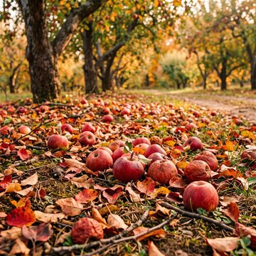 Fallen red apples on ground in autumn orchard, ripe organic fruits scattered on colorful dry leaves, seasonal harvest concept