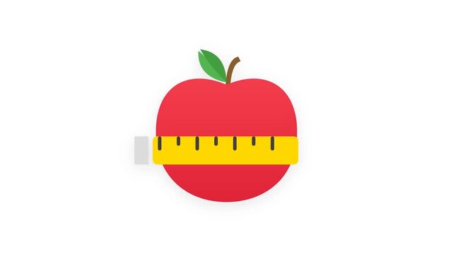 Flat vector illustration of a red apple wrapped with a yellow measuring tape icon on white background
