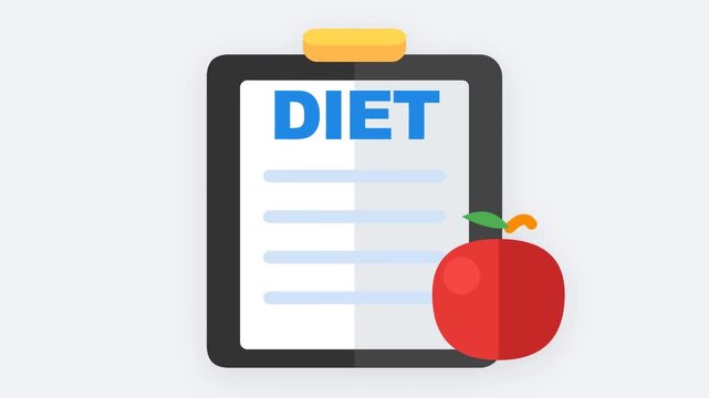 Flat vector illustration of diet plan clipboard with appearing checklist lines and red apple