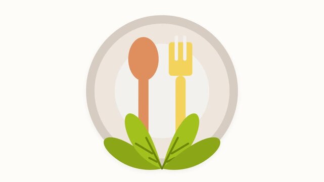 Flat vector illustration of a plate fork and spoon with green leaves growing on white background