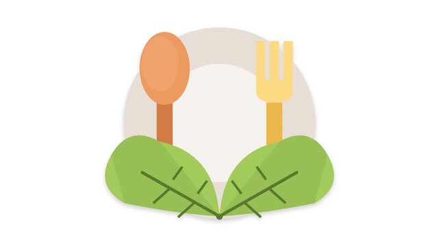 Flat vector illustration of a plate with spoon fork and green leaves appearing on white background