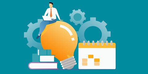 man sitting on light bulb flat vector illustration gear calendar books idea innovation business professional concept design graphic art icon symbol creativity thinking © Mitali