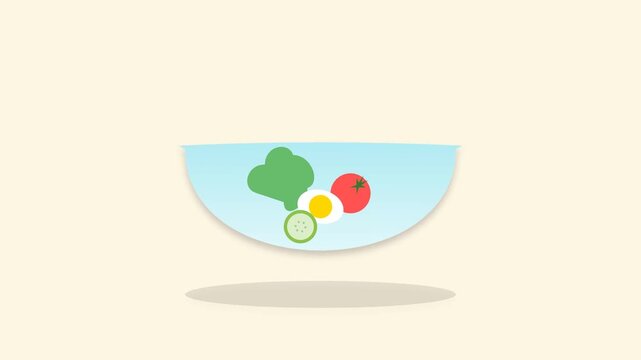 Animated flat vector illustration of vegetable ingredients appearing one by one in a blue salad bowl