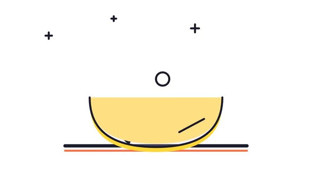 Flat vector illustration animation of a small circular object falling into a yellow bowl on a minimalist surface