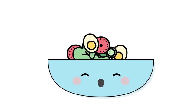 Animated flat vector illustration of healthy vegetables falling into a cute smiling blue bowl on white background