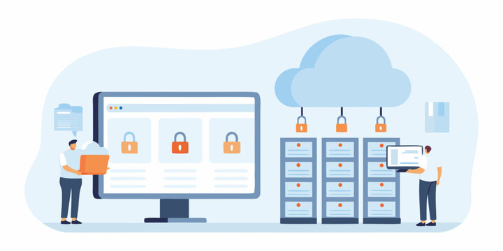 team managing security in flat vector illustration cloud lock computer server data protection privacy network technology cyber safety digital information access control internet