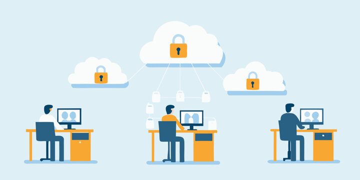 remote workers at desks with cloud lock flat vector illustration people working computers workplace team collaboration connectivity networking security data protection virtual office