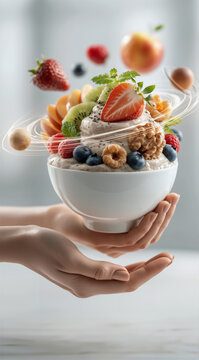 Floating fruit parfait in glow. Surreal depiction of luminous fruit parfait above palms