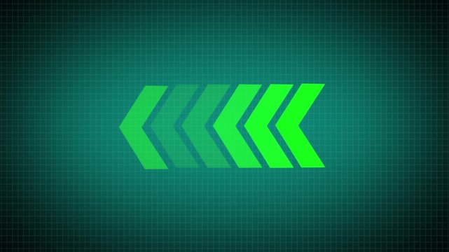 Glowing Left side Green Arrows Animation, An animated sign with a neon-lit arrow moving from Right to left green black background