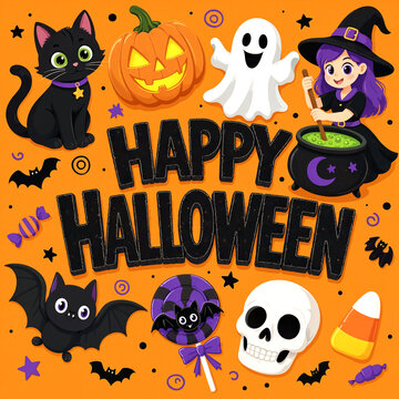 Colorful halloween celebration with pumpkins ghosts witches cats and candy on vibrant background