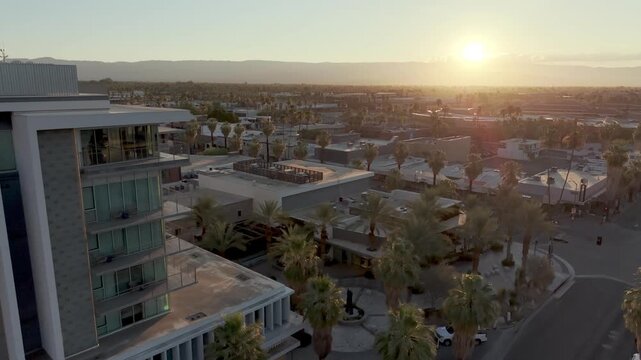 aerial push in at sunrise in palm springs california