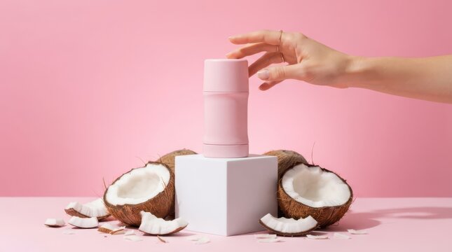 Pink deodorant stick on a white cube with a womans hand and coconut pieces on a pink background