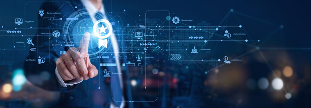 Recommendation systems personalize user choices. A digital marketer hand touch Recommendation icon to boost engagement. This smart network engine is a core customer behavior concept.