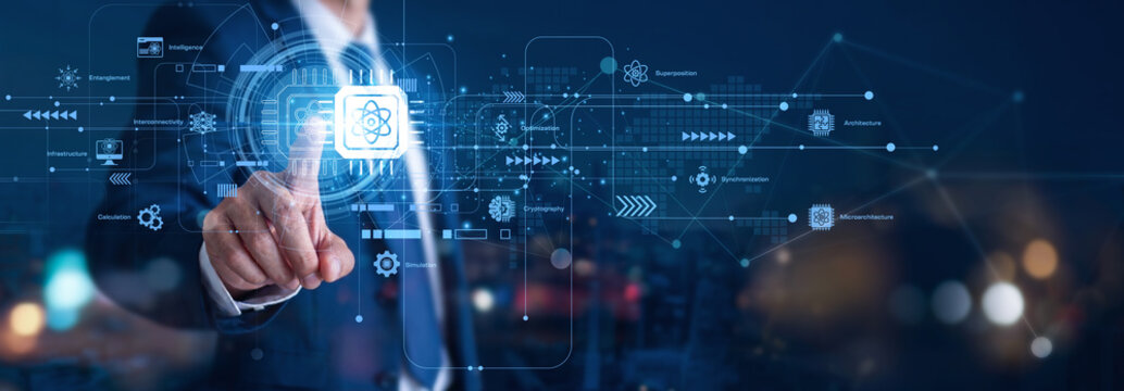 Quantum Computing processes complex data bits. A research scientist hand touch Quantum Computing icon to solve math logic. This advanced network power is a futuristic computing concept.