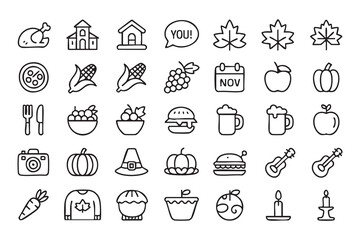 Fototapeta premium Autumn Holiday Outline Icon Set Featuring Turkey Pumpkin Apple and November Calendar