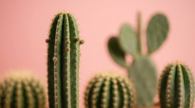 Collection of various green cacti against a soft pink background