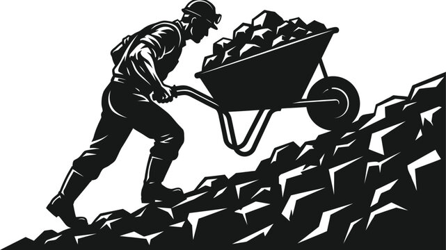 Hardworking miner pushing heavy wheelbarrow filled with rocks up a steep rocky incline illustration with graphic illustration person full wheelbarrow rugged
