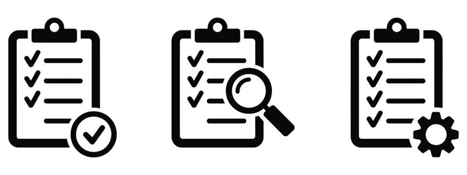 Clipboard icon with checklist, quality control and technical support symbols