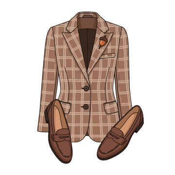 Stylish Plaid Blazer and Brown Loafers Fashion Set. EPS Editable. Vector Illustrations.