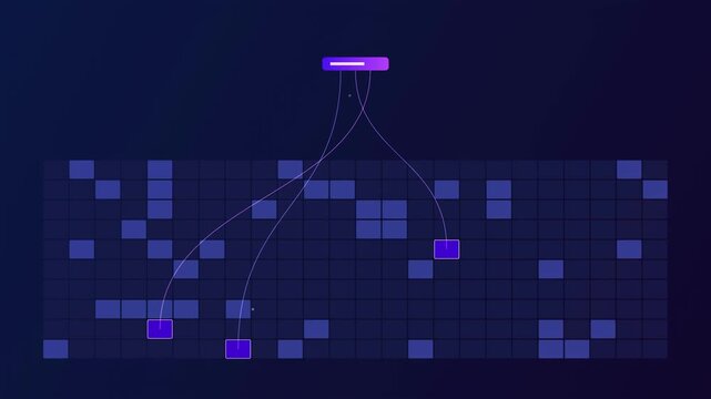 Abstract animated probabilistic membership filter over a bit array drawn as blue and cyan glowing lines and dots on a deep dark background. Clean minimal motion graphics element with free space around