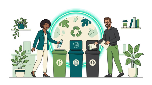 People sorting waste into recycling bins for environmental sustainability illustration. EPS Editable. Vector Illustrations.