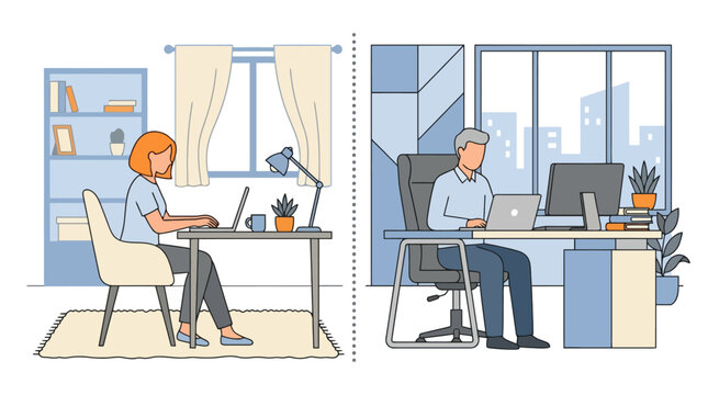 People working in office and home environments illustration. EPS Editable. Vector Illustrations.