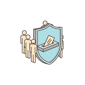 People voting behind a protective shield icon representing secure election process. EPS Editable. Vector Illustrations.