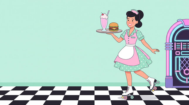 Retro 1950s diner waitress on roller skates serving burger and milkshake with a vintage jukebox background