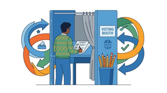 Person casting a vote in a private voting booth illustration. EPS Editable. Vector Illustrations.