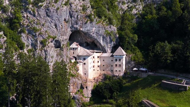 Predjama Castle in Carniola Region Slovenia - drone shot