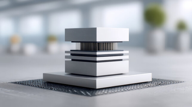 Semiconductor packaging with metallic pins and layered structure on circuit board closeup in modern technology environment