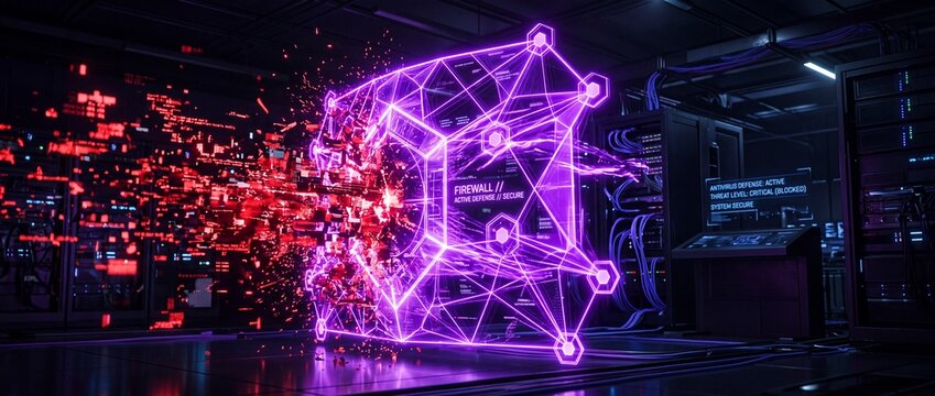 Cybersecurity firewall concept with glowing neon polygon structure breaking through digital data in server room