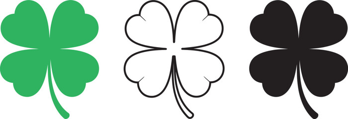 Obraz premium Four leaf clover icon set featuring lucky shamrock symbols, solid green graphics, black silhouettes, line art versions, decorative charm elements, seasonal celebration themes and editable vector 