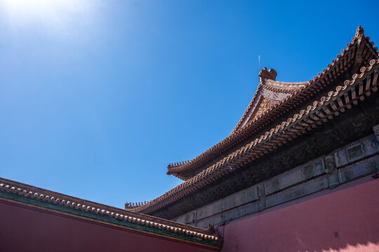 Meridian Gate Wumen upward view with roof tiles, Forbidden City, Beijing, China
