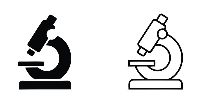 Microscope Icons In Three Styles Stroke Outline And Solid Black biology science laboratory research instrument optics magnification analysis study flat icon pictogram graphic vector design