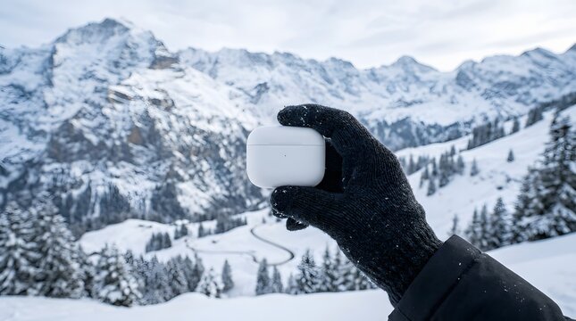 Woman holding a skincare bottle outdoors with snowy mountains, winter beauty and self-care concept.