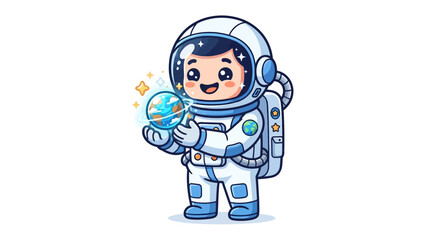 Fototapeta premium Cute Astronaut Holding Earth: An adorable astronaut character in a detailed suit holds a miniature Earth in its hands, surrounded by sparkling stars and a sense of wonder and discovery.