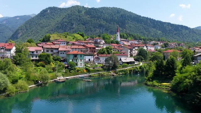 Most na Soci Town by Soca River in Slovenia - aerial drone shot