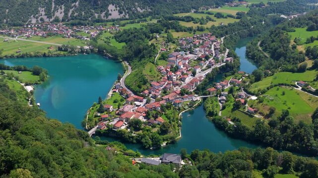 Most na Soci Picturesque Town in Slovenia - aerial drone shot