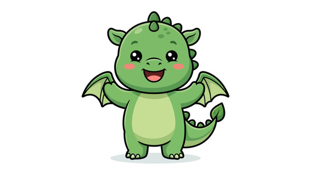 Cute Green Dragon Illustration: An adorable cartoon dragon with a friendly smile and outstretched wings, designed in a charming, whimsical style.