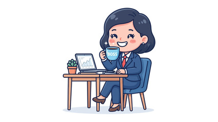 Fototapeta premium A Woman in Business Takes a Coffee Break: A cute cartoon illustration of a businesswoman in a suit sitting at her desk, holding a coffee mug and smiling while looking at her laptop.