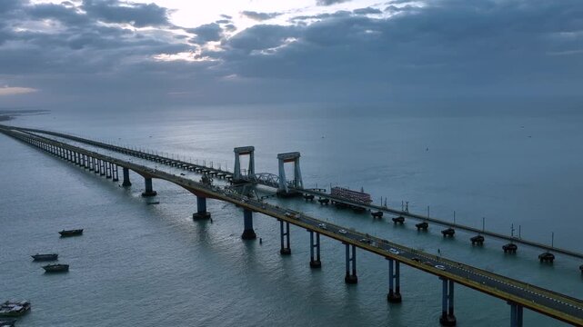 Aerial View of Pamban Bridge and Railway Bridge in Rameswaram Tamil Nadu India